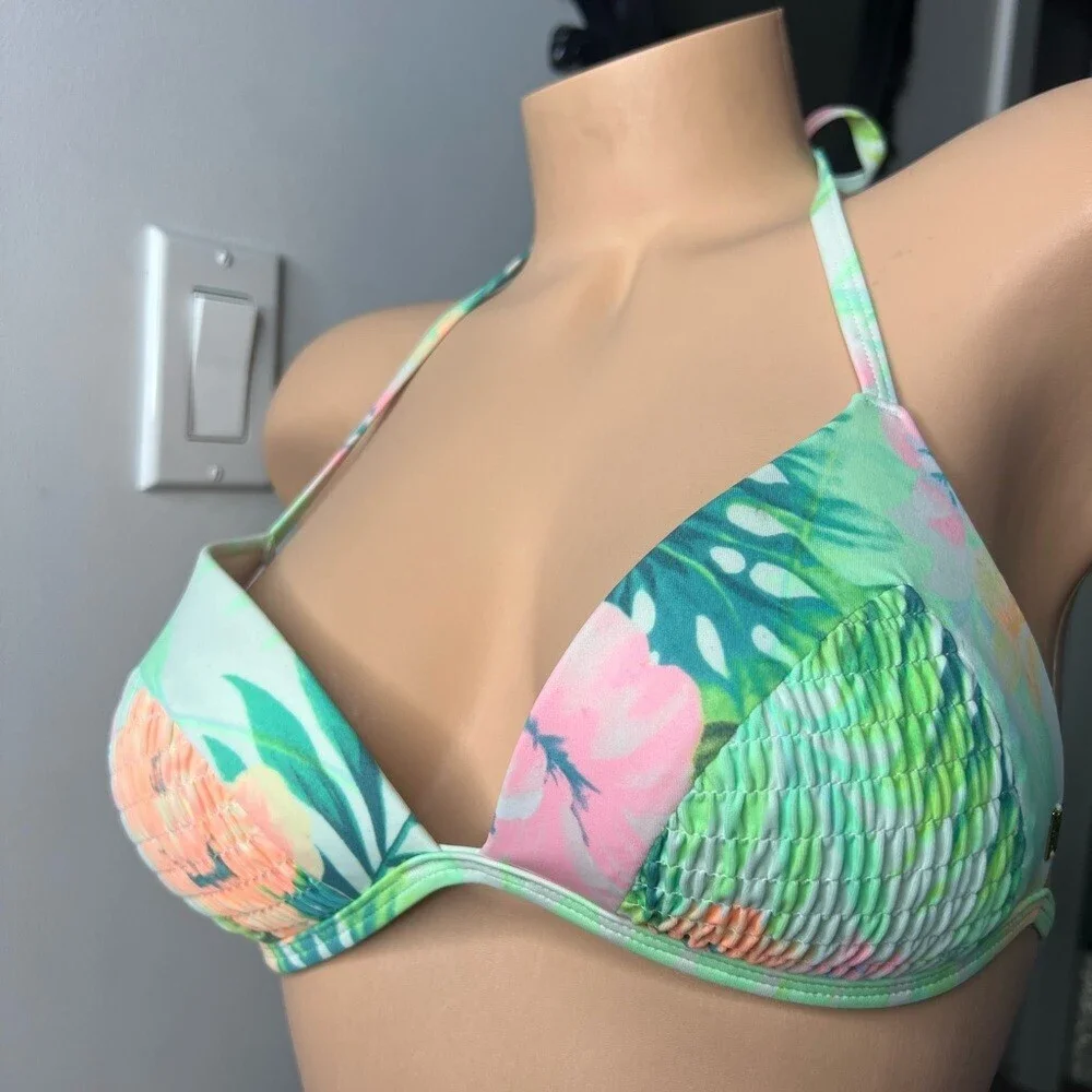 Victoria secret pink bikini top floral tropical green neon triangle halter cute